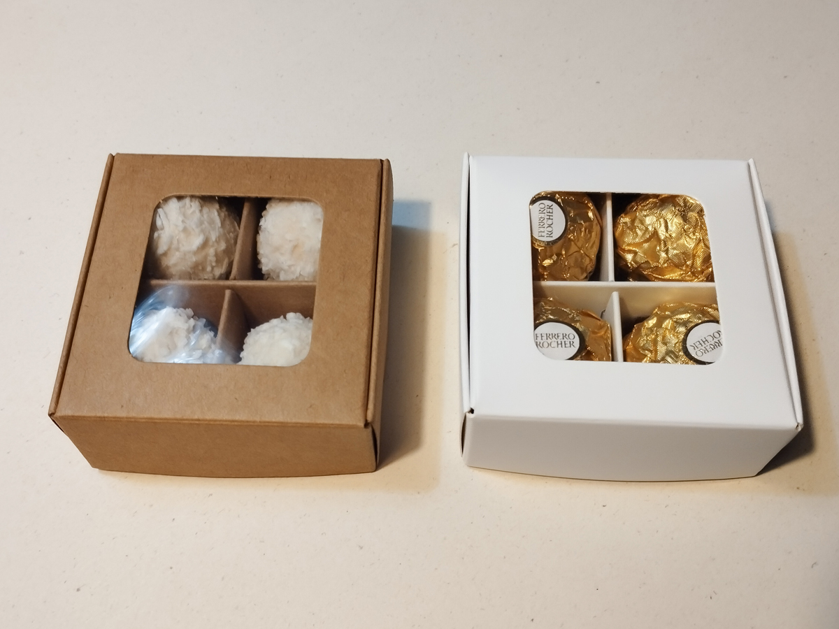 4 bonbonos fehér, fekete és natúr dobozok, 200 Ft/db-tól, 7x7x3 cm